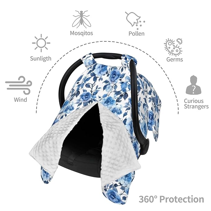 Blue Rose Floral Baby Car Seat Canopy Nursing Cover for Newborn Car Seat Breastfeeding Covers Blanket Newborn Shower Gift