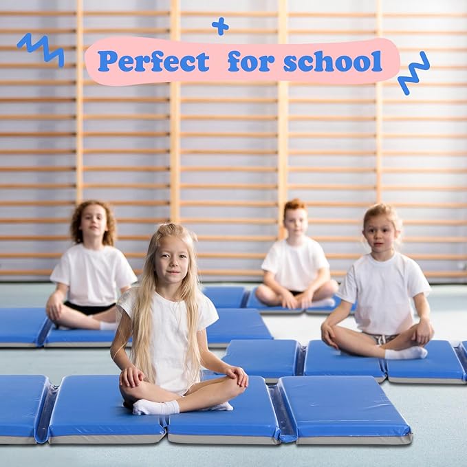 Marsui Folding Kids Nap Mats for Preschool Daycare 4 Section Folding Rest Mats Daycare Sleeping Mat for Kid 2 Inch Thick Portable Resting Floor Sleep Mat Baby Changing Pad for Kindergarten(Blue,Gray)