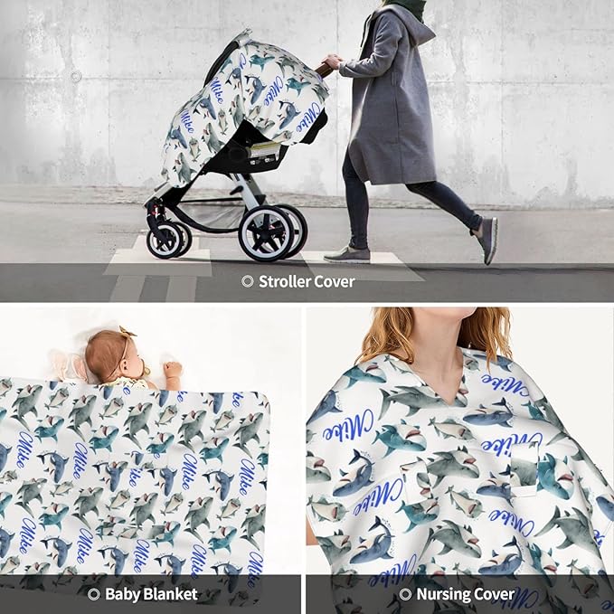 Personalized Baby Car Seat Canopy for Babies with Name, Custom Car Seat Covers for Boys Girls, Infant Opening Minky Nursing Breastfeeding Stroller Cover Carseat Canopies for Newborn (Shark)