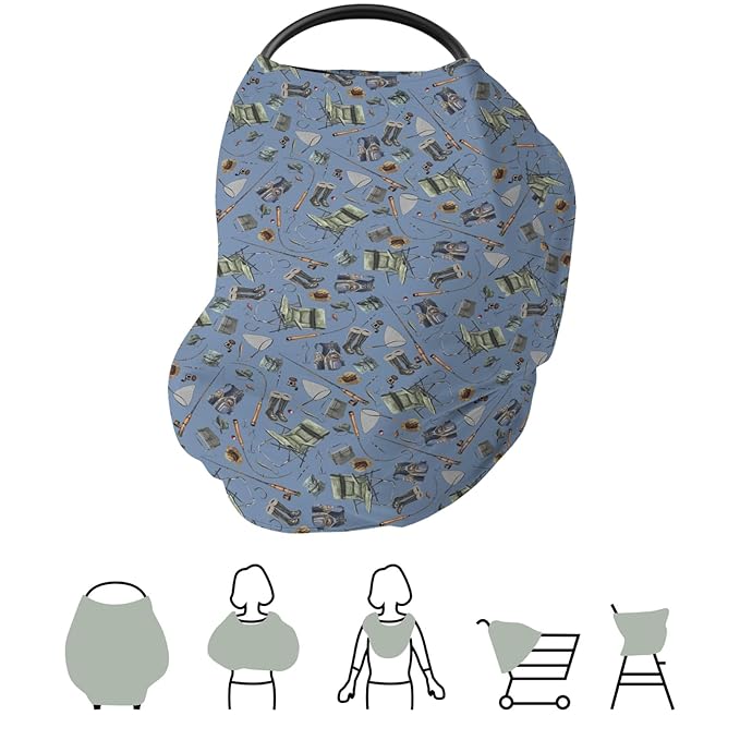 Retro Fishing Gear Car Seat Cover for Babies Trout Fishing Stretchy 5-in-1 Cover Adjustable Infant Carseat Cover Canopy Outdoor Fishing Lovers Gift Breathable Nursing Cover-Up