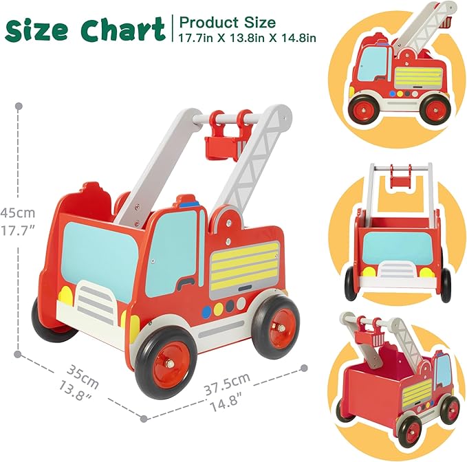 Labebe Wooden Baby Push Walker - Learning Toy for Toddlers 1-3 Year Old Boys and Girls, Fire Truck With Wheels
