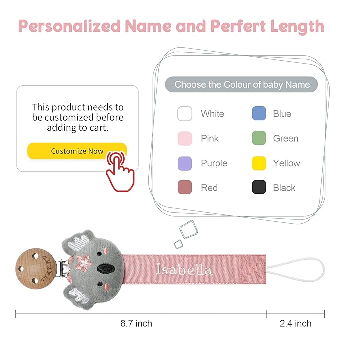 TYRY.HU Personalized Pacifier Clip with Name, Customize Pacifier Leash, Embroidery Ribbon Pacifier Holder for Girls and Boys, Universally Fit All Pacifi, Ideal Baby Gift, Grey Koala