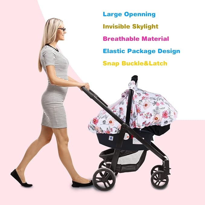 SMTTW Baby Car Seat Covers, Infant Car Canopy for Spring Summer Autumn Winter, Universal Fit, Snug Warm Breathable, Car Seat Canopy for Boys Girls (Pink Flower)