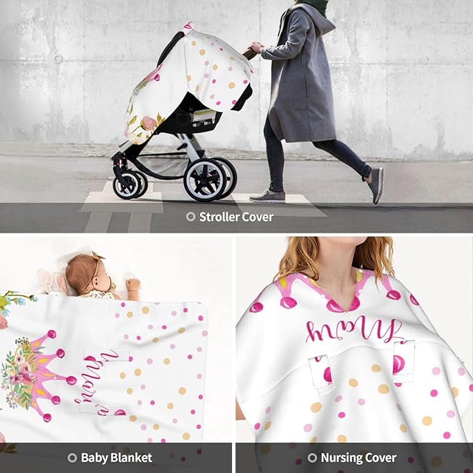 Personalized Baby Car Seat Canopy for Babies, Custom Name Car Seat Covers for Baby Girl, Floral Crown Opening Minky Nursing Breastfeeding Cover for Infant, Carseat Canopies for Newborn