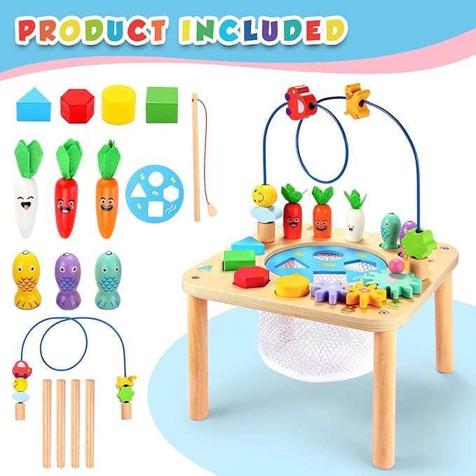 WINGYZ Activity Table, 6 in 1 Wooden Montessori Activity Center with Bead Maze Shape Sorter Fishing Game, Kids Sensory Play Table Toddler Toys 1st Birthday Gifts Boy Girl(Rainbow)