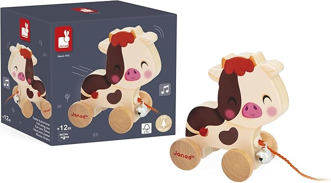 Janod - Wooden Ride-On Cow with Bell - Pull-Along and Push-Along Toy - Motor Skills & Imagination Training - 50cm String Suitable for Small Hands - from 12 Months, J03324
