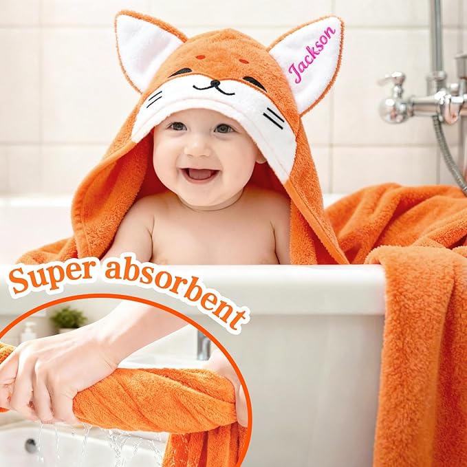 Custom Hooded Baby Towels with Name, Personalized Bunny Easter Gifts for Toddlers, Custom Baby Bath Towels for Newborn, Ultra Soft and Absorbent, Ideal for Girl Boy (Fox)