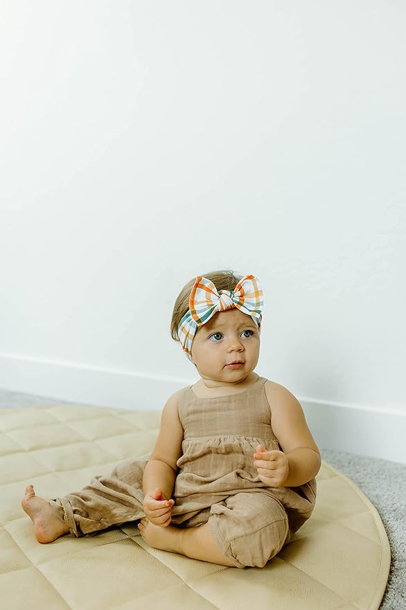 Baby Bling Bows - Newborn to Little Baby Girl Bows, 2 Pack Nylon Super Soft Stretchy Knot Toddler Headbands, Perfect Hair Accessories Head Bands for Infant Kids(Harvest Plaid & Camel)