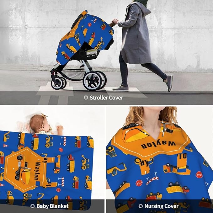 Personalised Baby Car Seat Cover with Name, Customized Engineering Vehicle Baby Carseat Canopy for Boys, Multi-use Nursing Breastfeeding Covers for Infant Newborn, Shower Gifts for Babies