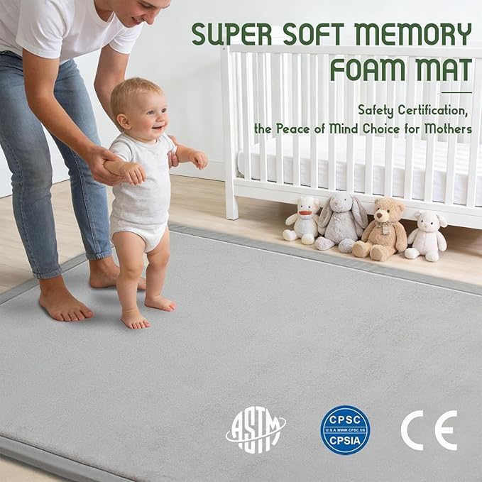 Baby Play Mat for Floor, 1.3 Inch Thick Memory Foam Tummy Time Mat with Non Slip Backing, Soft Coral Velvet 59X79 Inch Playpen Mat Crawling Tatami for Infants Toddlers Kids, Light Grey