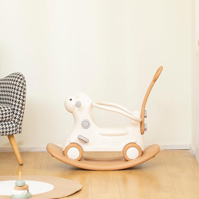 Qaba 4-in-1 Rocking Horse for Toddlers 1-3 Years, Baby Rocking Horse with Detachable Balance Board and Push Handle, Alpaca-Shaped Ride On Toy with 4 Smooth Wheels, for Baby Girls and Boys, Brown