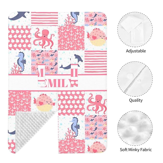 Personalized Minky Car Seat Canopy for Girl Boy, Custom Name Stroller Car Seat Covers Cover for Infant Newborn Shower Gift, Nursing Opening Carseat Cover for Breastfeeding, Ocean Theme Pink