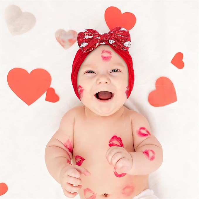 Red Pink Heart Baby Bow Headbands Sequin Bows Glitter Hair Bow for Girts Toddler Baby Headband Bows 6-24 Months.(FD104) (Heart-shaped Red)