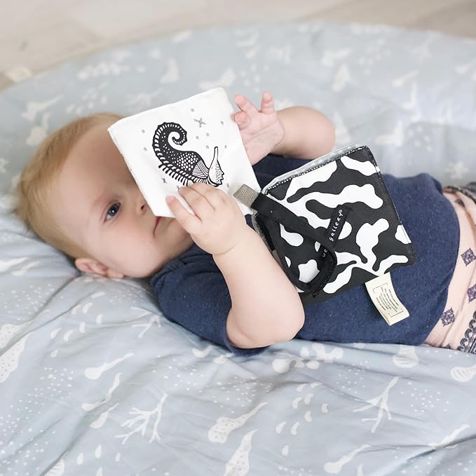 Wee Gallery Ocean Animals Crinkle Pages Stroller Toy, Sensory Hanging Crinkle Toy with Mirror for Babies, High Contrast Animal Art and Montessori Baby Item for Walks, Car Seat, Play Gym and Tummy Time