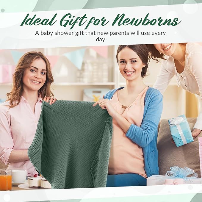 Hahafelt 6 Pcs Muslin Hooded Bath Towels Washcloths and Bibs Set, Muslin Cotton Baby Towels Absorbent Hooded Blanket Towel Infant Bibs for Boys Girls Newborn Infant Essential(Dark Green, Beige)