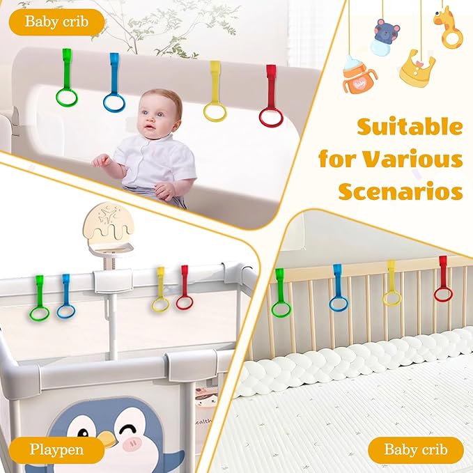 8Pcs Baby Playpen Pull up Rings, Premium Baby Pull up Rings for Play Pen Standing up, Plastic Safety Walking Exercises Assistant Rings for Infants Babies Toddler, 4 Colors.
