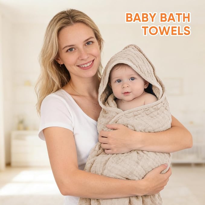 MIGIOL Muslin Hooded Baby Towels 100% Cotton ,Super Soft Muslin Baby Bath Towel - 32 x 32 Inches, Suitable for Newborn and Young Children up to 3 Years Old. (Beige & Coffee)