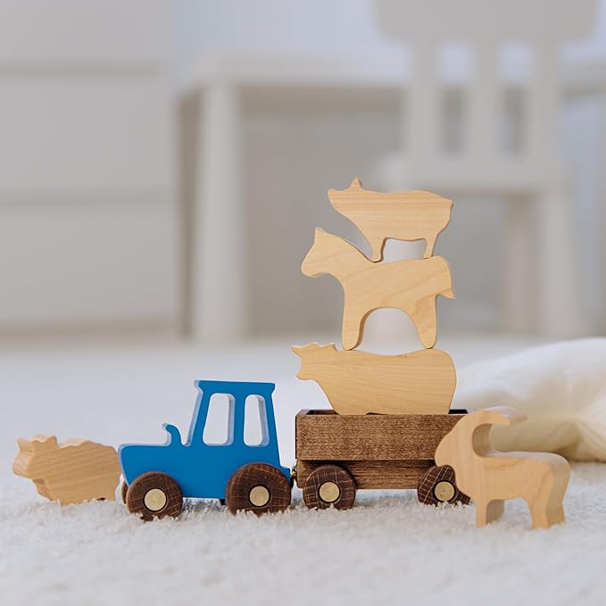 BUSY PUZZLE Wooden Tractor Toy with Trailer and Farm Animals, Natural Solid Wood Push Vehicle for Toddlers, Birthday Gift, Montessori Farm Play Set