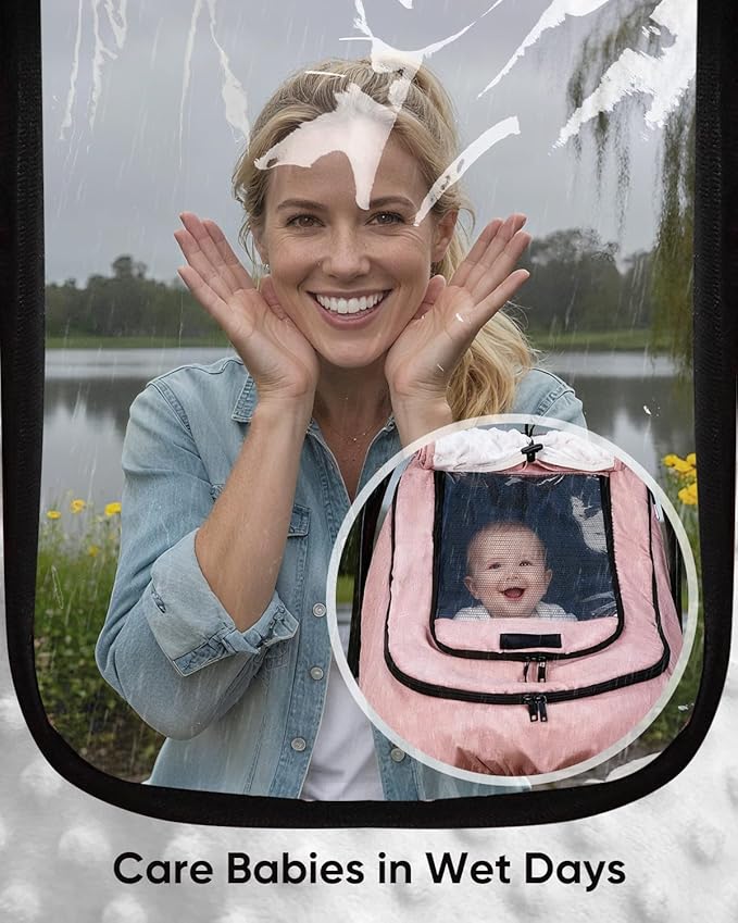 TinlyFinly Waterproof Car Seat Cover for Baby, 2-Layer Car Seat Rain Cover with Clear Window & Sunshade & Mesh Cover, Universal Infant Carseat Canopy for Stroller, Protect from Rain and Snow - Pink