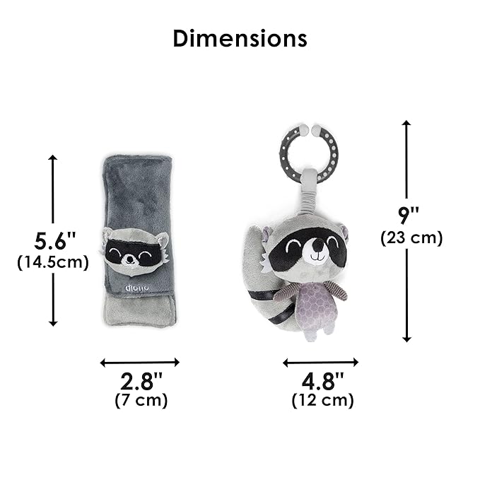 Diono Baby Racoon Character Car Seat Straps & Toy, Shoulder Pads for Baby, Infant, Toddler, 2 Pack Soft Seat Belt Cushion and Stroller Harness Covers Helps Prevent Strap Irritation