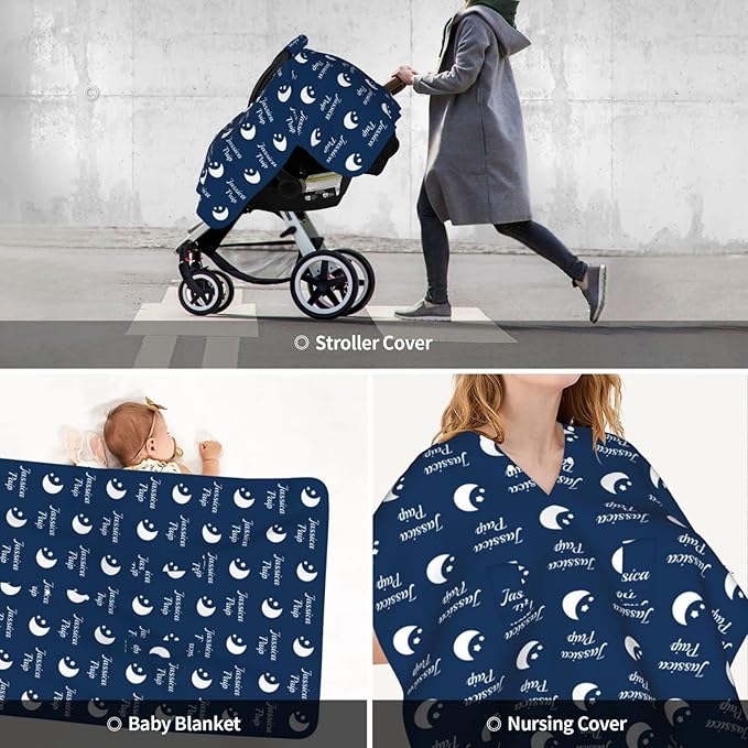 Personalized Baby Car Seat Cover Canopy with Name & Icon for Girls Boys Custom Baby Carrier Covers