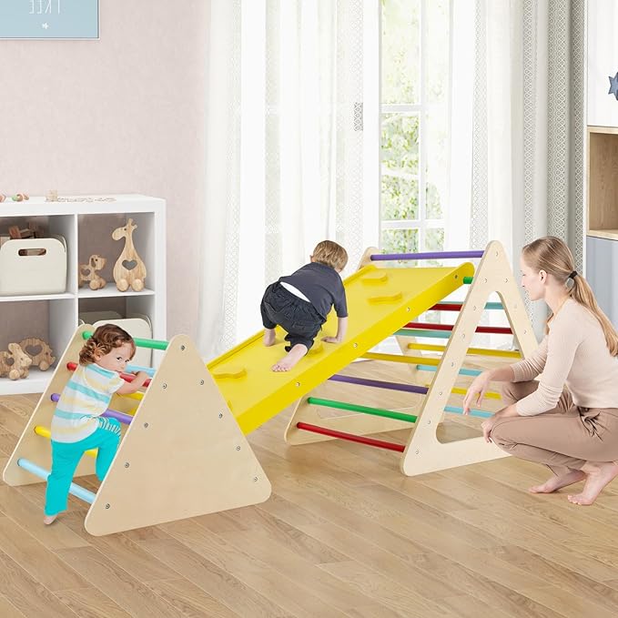 HONEY JOY Pikler Triangle Set, 5 in 1 Montessori Wooden Triangle Climber w/ 2 Stackable Ladders & Climbing Ramp, 3-Piece Baby Indoor Playground Jungle Gym, Climbing Toy for Toddlers, Colorful