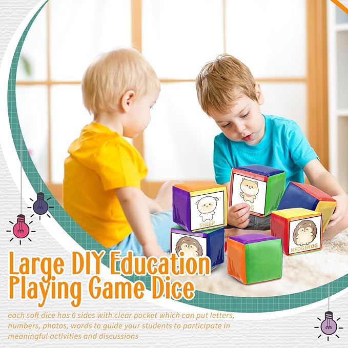 Yilloog 4 Pcs Large Foam Dice with Pockets DIY Education Playing Soft Dice Cube Learning Teaching Stacking Blocks Photo(3.94 Inch,Stylish Color)