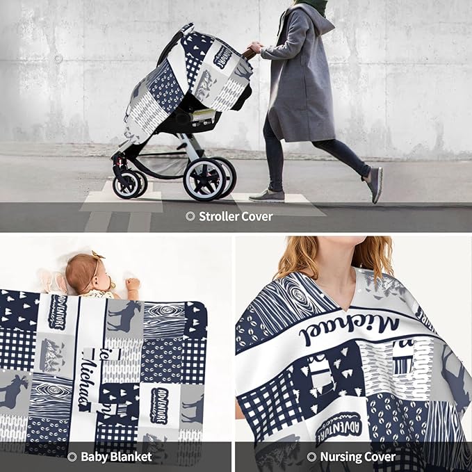 Personalized Baby Car Seat Canopy for Boys, Custom Name Baby Car Seats Covers for Babies, Opening Minky Nursing Breastfeeding Stroller Cover Infant Carseat Canopies for Newborn (Woodland Moose)