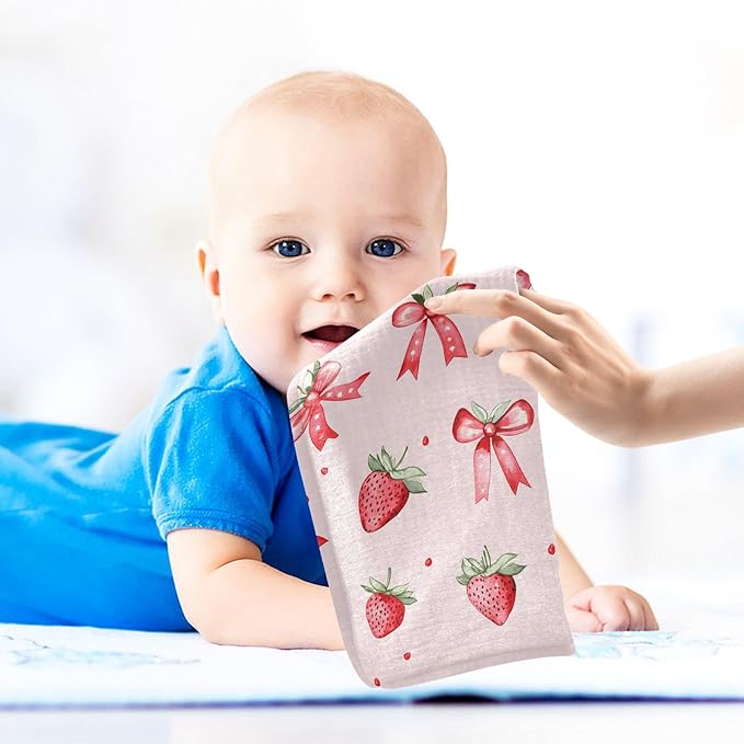 Baby Gauze Towels for Kids Soft Handkerchief Newborn 100% Cotton Strawberry Bows Cute Absorbent 12x12 Inch 3 Pack