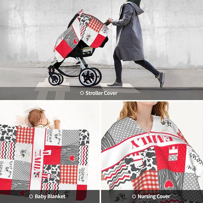 Personalized Baby Car Seat Canopy for Boys Girls, Custom Name Baby Car Seats Covers for Babies, Opening Minky Nursing Breastfeeding Stroller Cover Infant Carseat Canopies for Newborn (Farm Cow Red)