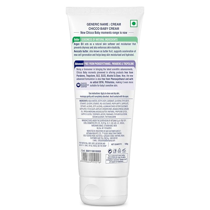 Chicco Baby Moments Baby Cream for Babies with Argan Oil & Avocado Butter, 100g| Natural Ingredients for Hydrated Skin | Dermatologically Tested | Phenoxyethanol, Parabens & Lauryl sulphates free
