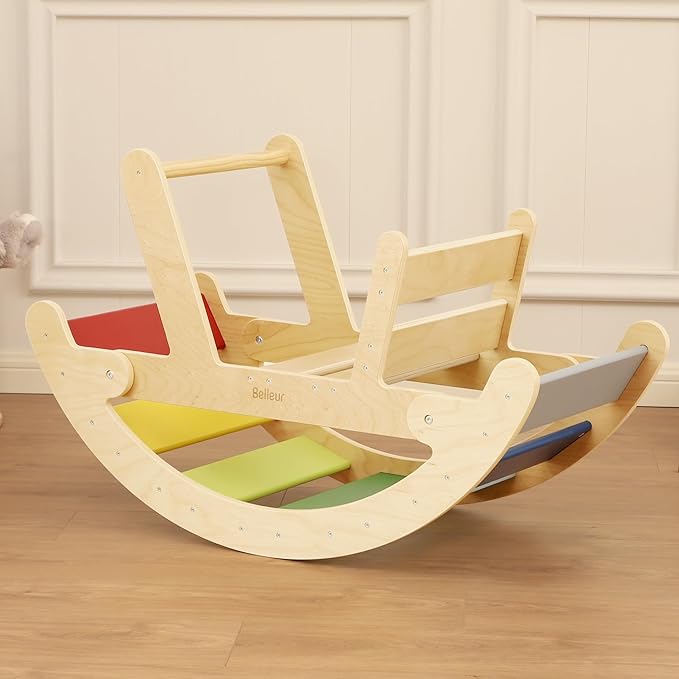 Belleur Wooden Rocking Arch for Toddlers, Rainbow Arch Rocker with High Handle & Backrest, Montessori Balance & Riding Toy for Toddlers 1-5 Years Old, Indoor Play and Ideal Birthday Gift
