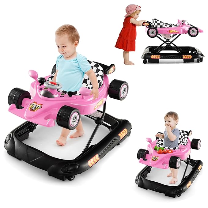 BABY JOY 4-in-1 Baby Walker, Foldable Activity Walker with Adjustable Height, Music & Lights, Anti-Rollover, Toddler Push Walker, Baby Walker with Wheels for Boys Girls 6-14 Months (Pink)