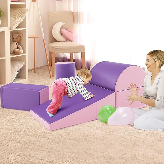 Costzon 5 Pieces Climbing Toys for Toddlers, Soft Foam Block Play Structures Infants Climbers for Child Development, Waterproof Kids Climbing Toys Indoor for Preschool Baby (Pink & Purple)