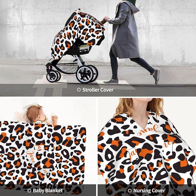 Personalized Leopard Print Baby Infant Car Seats Canopy for Babies with Name, Custom Lightweight Covers for Baby Boys Girls, Minky Nursing Breastfeeding Stroller Cover Canopies for Newborn