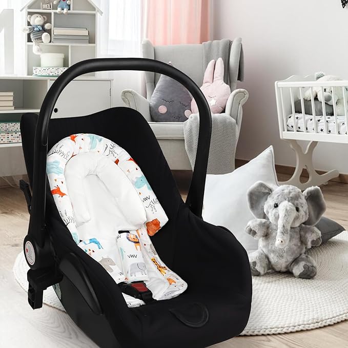 Infant Car Seat Insert & Strap Cover for Baby Boys, 2 in 1 Carseat Head Support Newborn, Ultra Soft Car Seat Cushion for Babies, Plush Fabric, Fit for Swing, Car Seat, Stroller, Bouncer, White