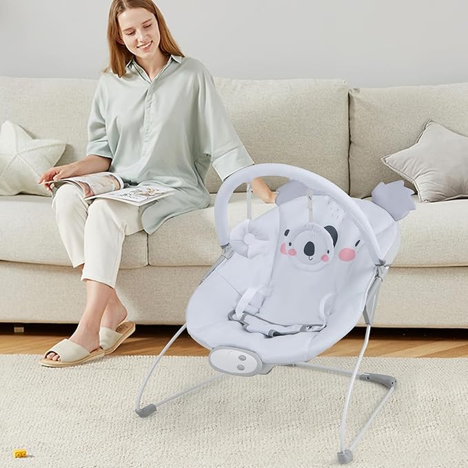 HONEY JOY Baby Bouncer, Portable Infant Newborn Rocker & Stationary Seat w/Soothing Vibrations, Removable Bar, Music, Safety Harness, Bouncer Seat for Babies 0-6 Months up to 20 lbs, Gray Koala
