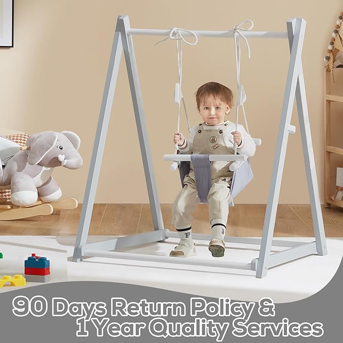 FUNLIO Montessori Wooden Swing Set for Toddlers 6-36 Months, Foldable Indoor Baby Swing Set of Durable Pine, Portable with 4 Sandbags &Extension Straps, Toddler Swing for Indoor/Outdoor-Gray