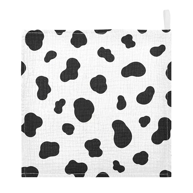 Black White Cow Pattern Baby Muslin Washcloths Burp Cloths Soft Absorbent Baby Wash Cloth Fingertip Face Towels for Newborn Boys Girls 12 x 12 in,3 Pack