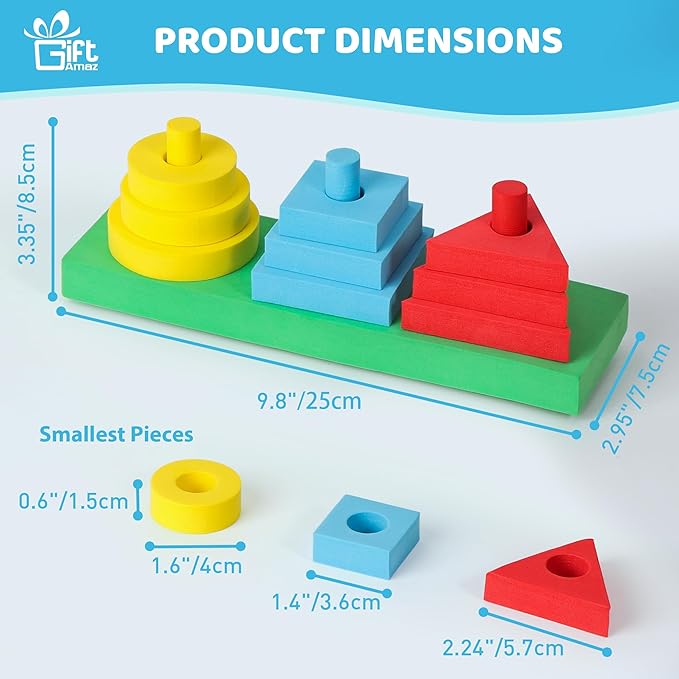 GiftAmaz 3-in-1 Bath Toys for Toddlers 1-3, Mold Free Foam Sorting & Stacking Sensory Toys - Suction Cup, Shape Color Size Learning Water Toy, Montessori Baby Bathtub Wall Toy for Kids Ages 1-3 2-4
