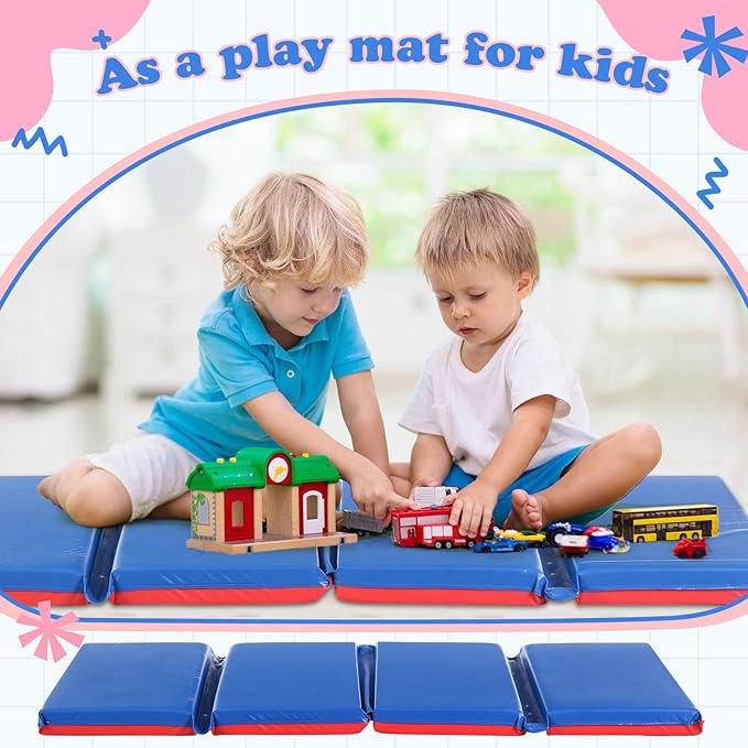 Marsui Folding Kids Nap Mats for Preschool Daycare 4 Section Folding Rest Mats Daycare Sleeping Mat for Kid 2 Inch Thick Portable Resting Floor Sleep Mat Baby Changing Pad for Kindergarten(Red,Blue)