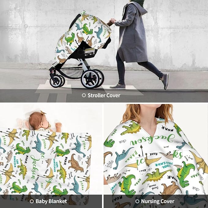 Custom Baby Car Seat Canopy for Babies with Name, Personalized Dinosaur Baby Car Seats Covers for Boys, Opening Minky Nursing Breastfeeding Stroller Cover Infant Carseat Canopies for Newborn