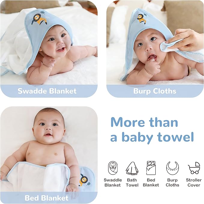 Viviland 6 Pcs Hooded Baby Towels and Washcloths Set, Super Gentle Bath Towels for Newborn Face & Body, Absorbent Wash Cloth for Infants Boys, Blue-Lion Pattern, 28 x 28 inch