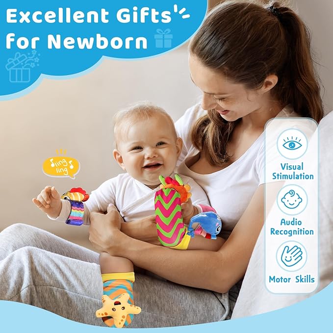 URMYWO Wrist Rattles for Baby - Rattle Socks - Foot Finder Set - Baby Toys for 0-12 Months Infant - Newborn Essentials - Early Learning Sensery Toys for Boy Girl as Shower Gifts Easter Basket Stuffer