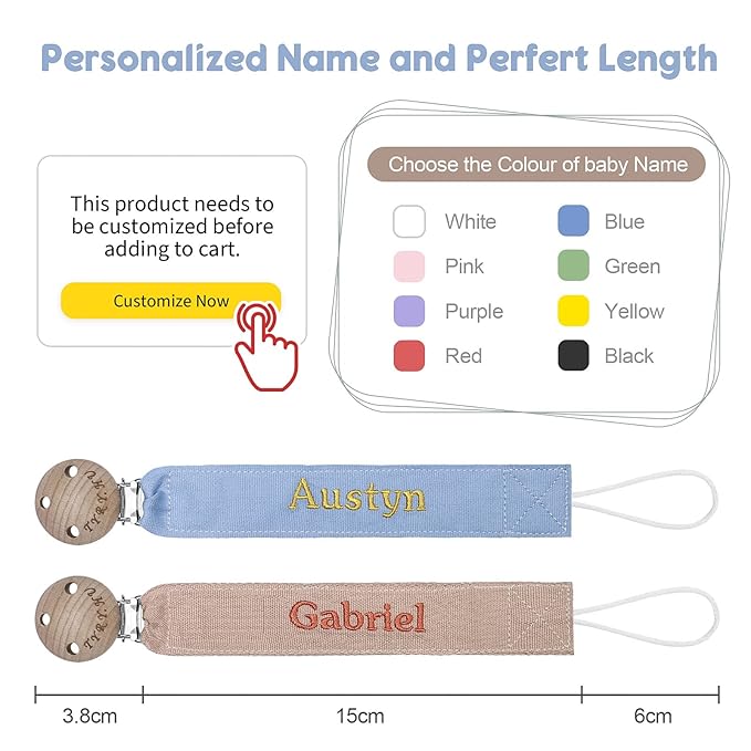 TYRY.HU Personalized Pacifier Clip with Name, Embroidery Ribbon Pacifier Holder for Baby Girls and Boys, Neutral Pacifier Leash Universally Fit All Pacifiers, 2 Pack Baby Gift(Khaki, Blue)