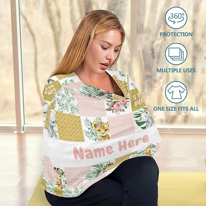 Personalized Zoo Animals Baby Car Seat Cover for Babies with Name, Custom Baby Car Seats Canopy for Girls, Nursing Breastfeeding Stroller Covers Infant Car Seat Blanket for Newborn
