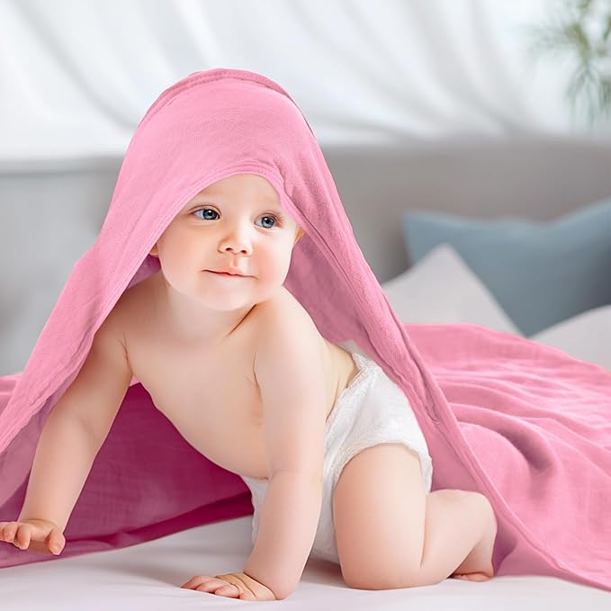 Preboun 4 Pcs Muslin Hooded Baby Towels,32"x 32" Cotton Newborn Bath Towel Muslin Infant Baby Blankets Absorbent Unisex Newborn Registry Gift for Girls Boys(Pink Series)