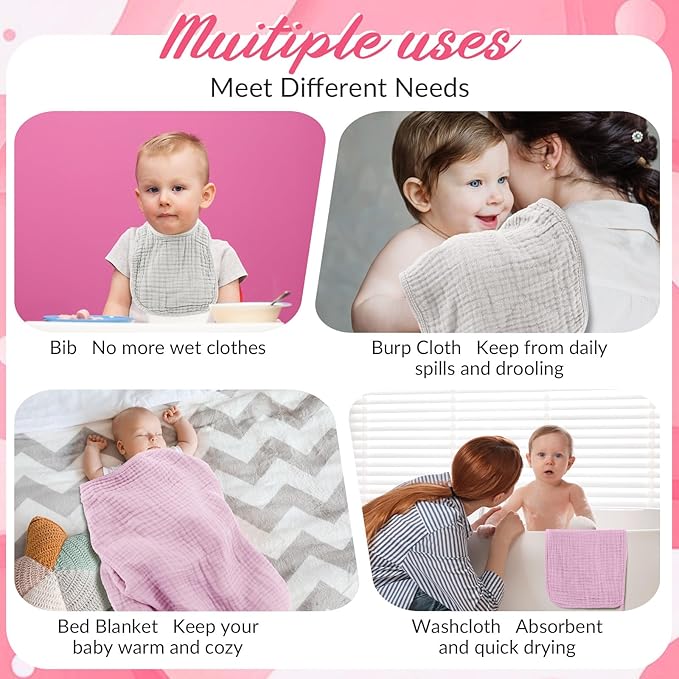 Hahafelt 6 Pcs Muslin Hooded Bath Towels Washcloths and Bibs Set, Muslin Cotton Baby Towels Absorbent Hooded Blanket Towel Infant Bibs for Boys Girls Newborn Infant Essential(White, Pink)