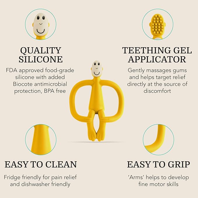 Matchstick Monkey Original Teether & Gel Applicator – Silicone Baby Teether, Easy-to-Grip, BPA-Free, Supports Self-Soothing & Early Brushing, 3 Months+, 4 Inches, Yellow