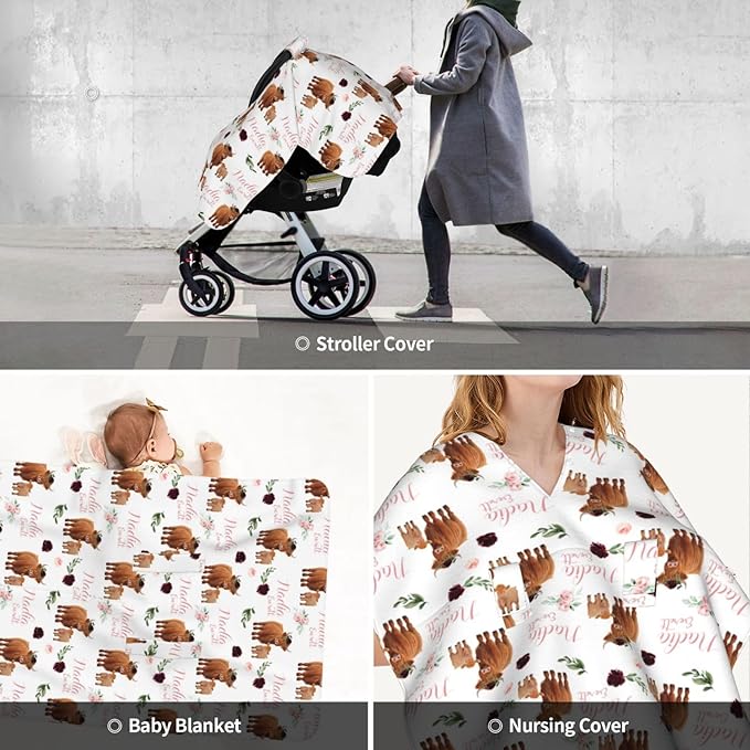 Personalized Baby Car Seat Canopy for Babies, Custom Name Baby Car Seats Covers for Girls, Opening Minky Nursing Breastfeeding Cover for Infant, Carseat Canopies for Newborn (High Land Cow Floral)